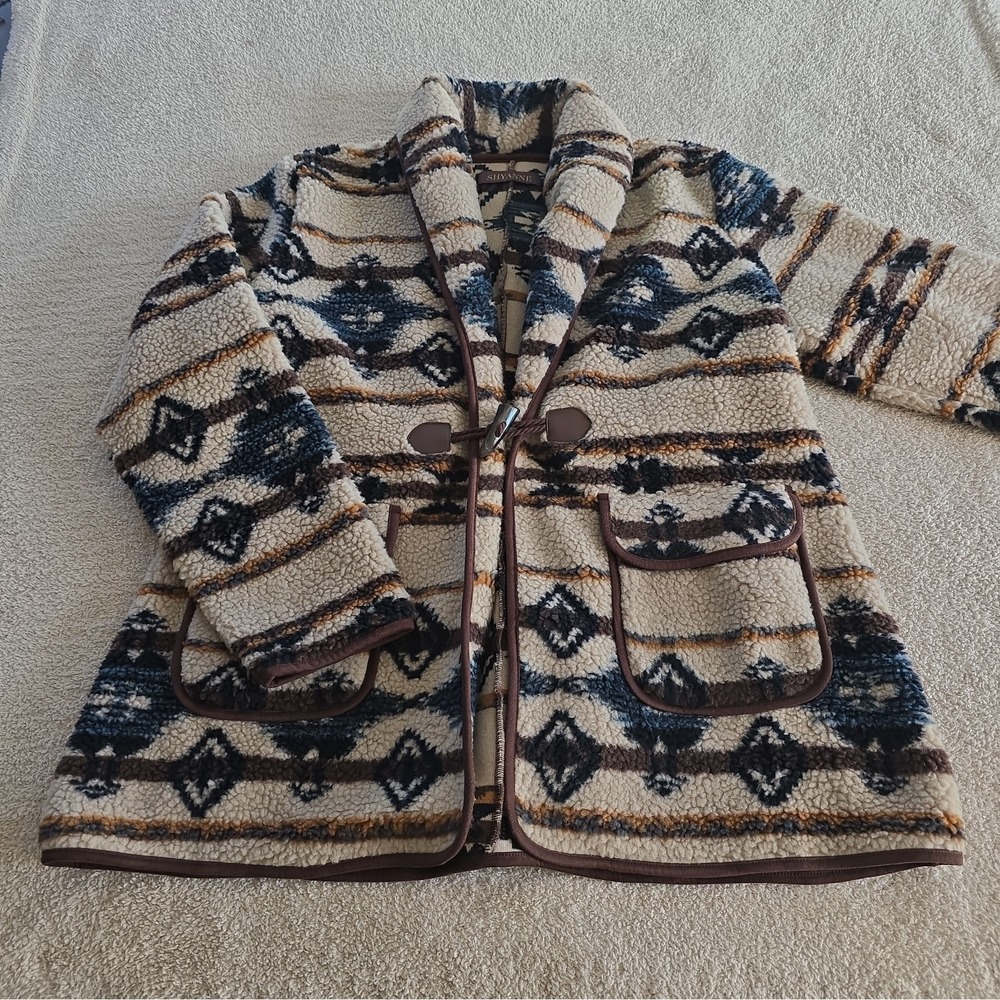 NWT Shyanne Aztec Southwestern Print Sherpa Cardigan Jacket Toggle Closure Sz XL